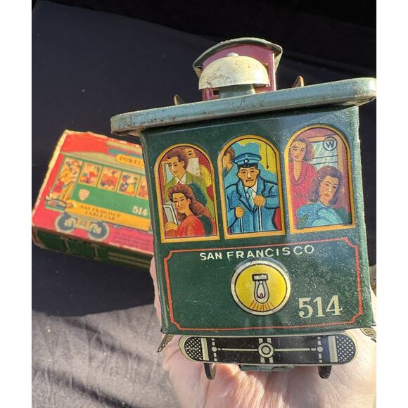 Rare POWELL & MASON STS SAN FRANCISCO CABLE CAR TROLLEY FRICITON TIN TOY JAPAN - Picture 9 of 11